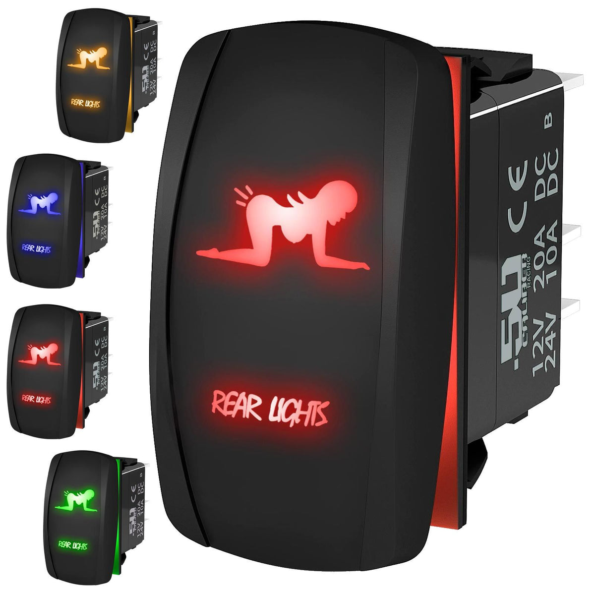 Rear Lights - 12V On/Off Rocker Switch - Sexy Design | “Rear Lights” waterproof on/off rocker switch – marine grade carling style design available in multiple LED colors
