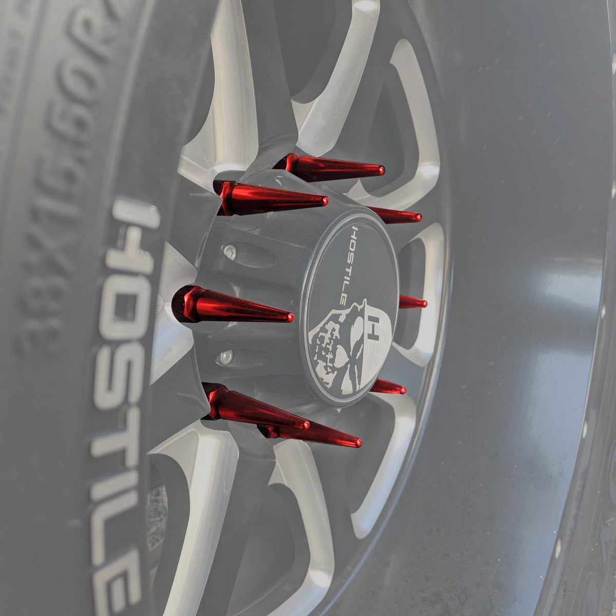 Red | 3/8-24 Extended Spike Lug Nuts -Installed – Red Finish
