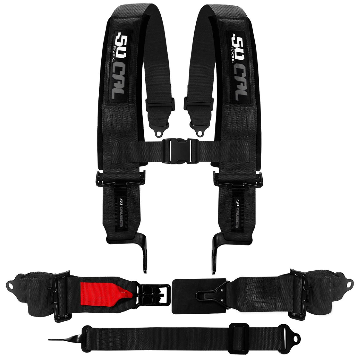 Stealth Black | Black SFI 16.1 approved 5-point harness unlatched to show quick-release latch and padding