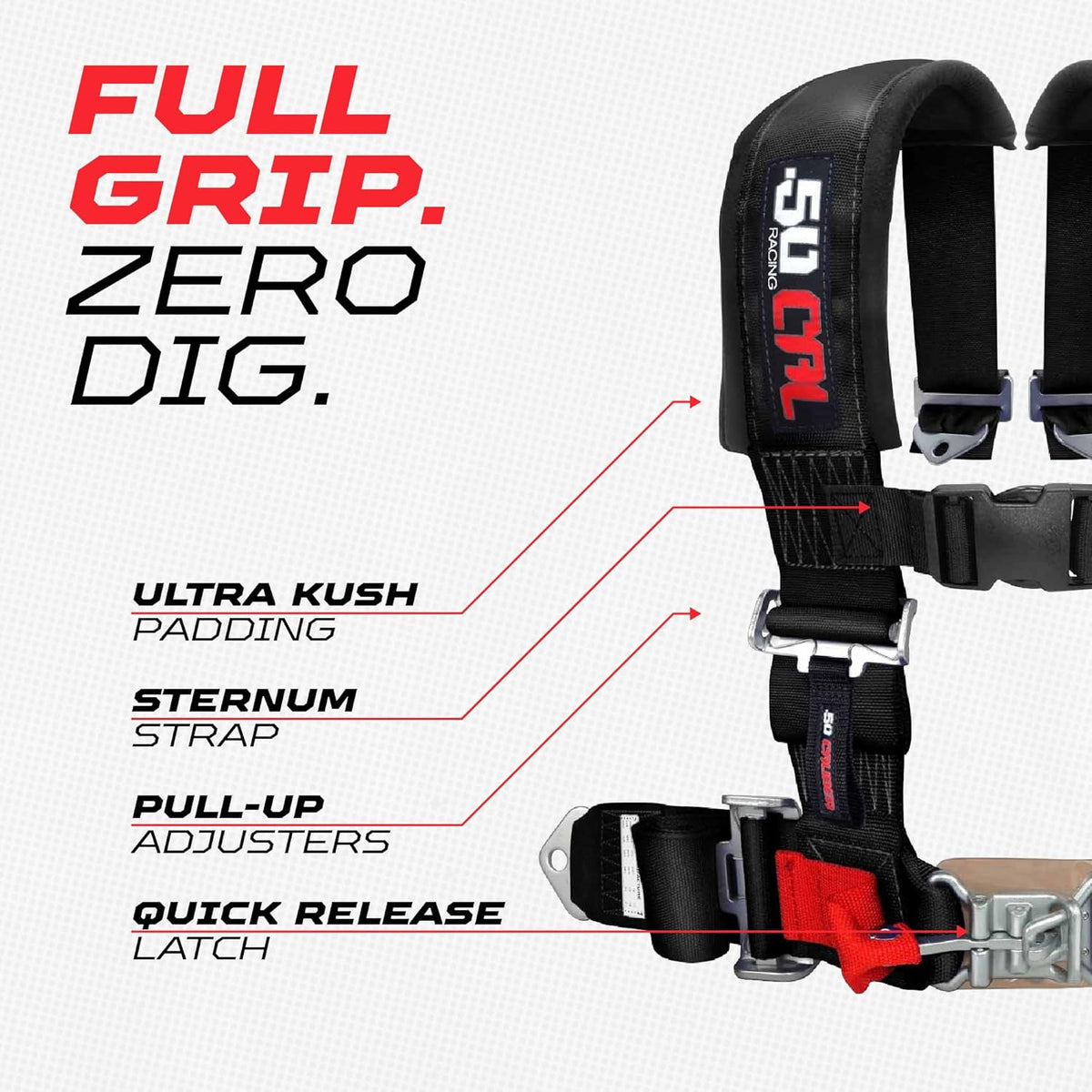 Stealth Black | Full Grip, Zero Dig: thick shoulder pads, sternum strap, EZ pull-up adjusters, latch-style quick release, Black webbing.