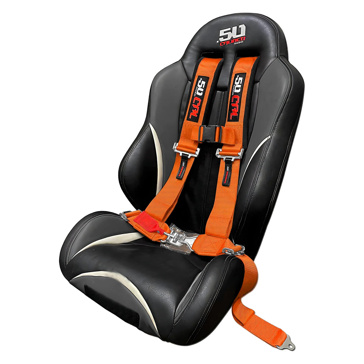 Blaze Orange | Orange 4-point UTV harness, 3" straps, shown installed on a custom UTV bucket seat with harness pass through