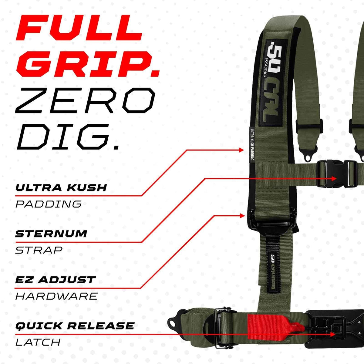 Recon Green | 50 Caliber Racing Elite Series 4-Point UTV Harness Features – Recon Green