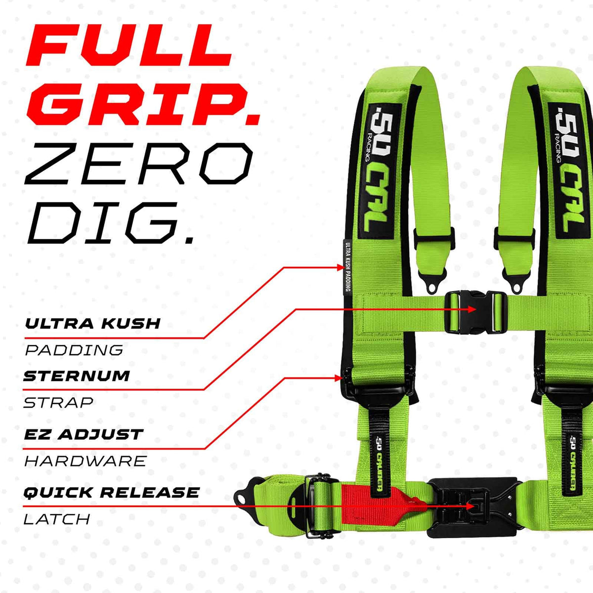 Toxic Lime | 50 Caliber Racing Elite Series 4-Point UTV Harness Features – Toxic Lime