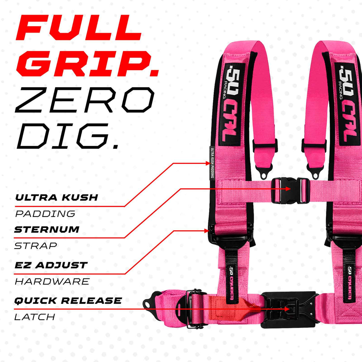 Nitro Pink | 50 Caliber Racing Elite Series 4-Point UTV Harness Features – Nitro Pink