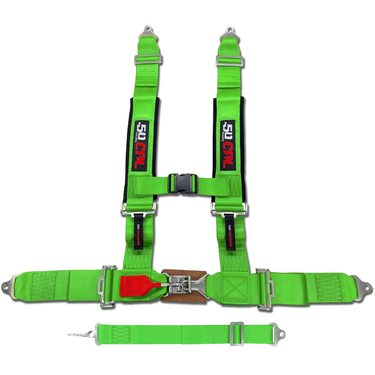 Venom Green | Green | green 5 point utv harness laid flat showing construction and hardware