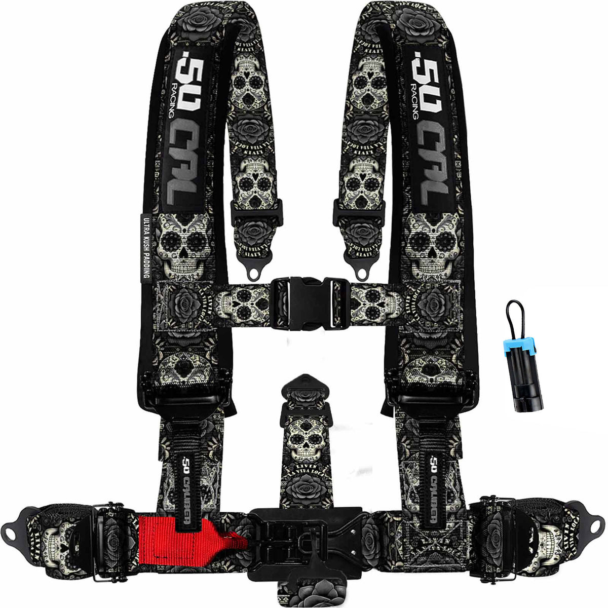 Black Sugar Skull | 50 Caliber Racing Elite Series Black Sugar Skull 5-Point UTV Harness for Polaris RZR & Can Am Maverick w/ Bypass Plug
