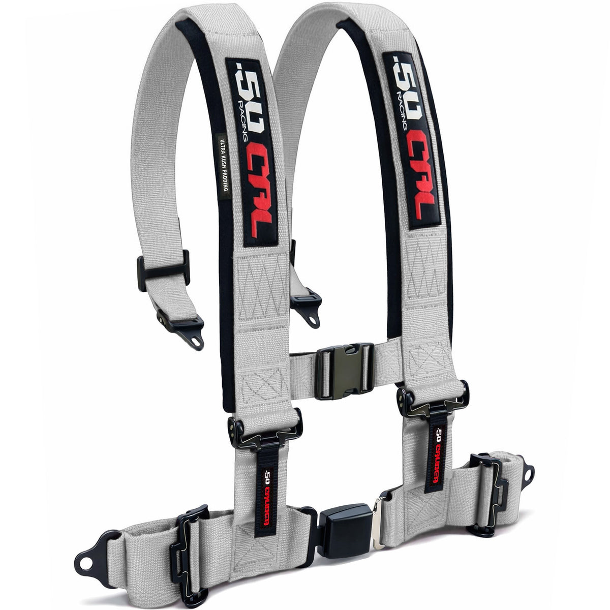 Ghost Gray | Silver | 50 Caliber Racing Pro Series 4-point UTV harness quick lock push button buckle Silver angled view