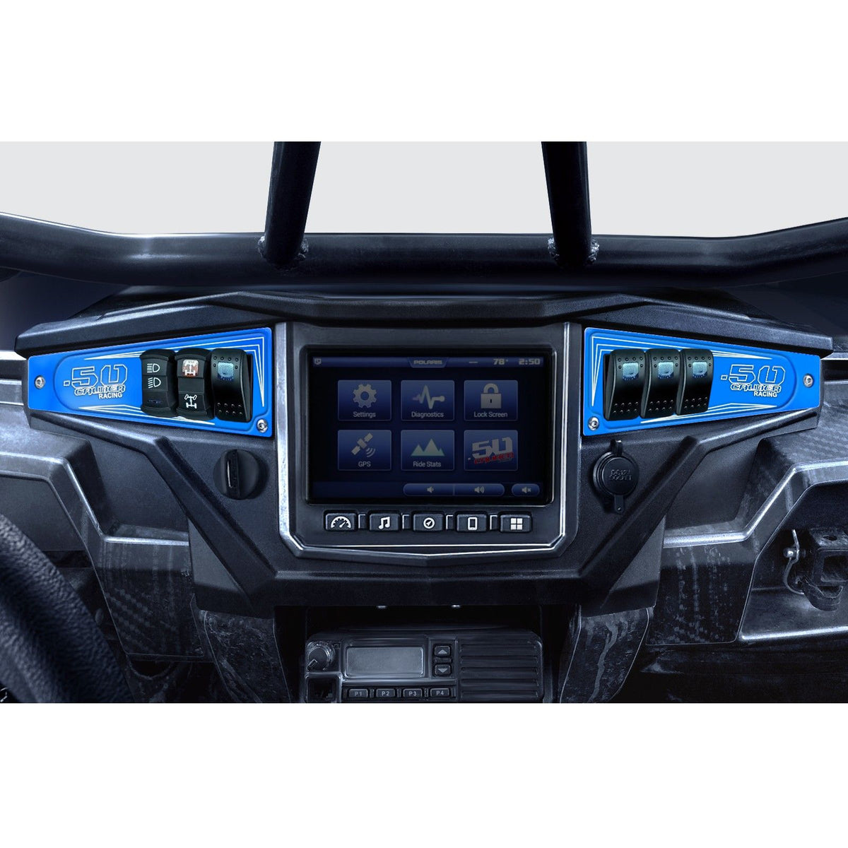 Voodoo Blue | Polaris Ride Command 6 Switch Dash Panel Voodoo Blue 2 Piece Combo with 4 Free Waterproof Carling Illuminated 12V Switches