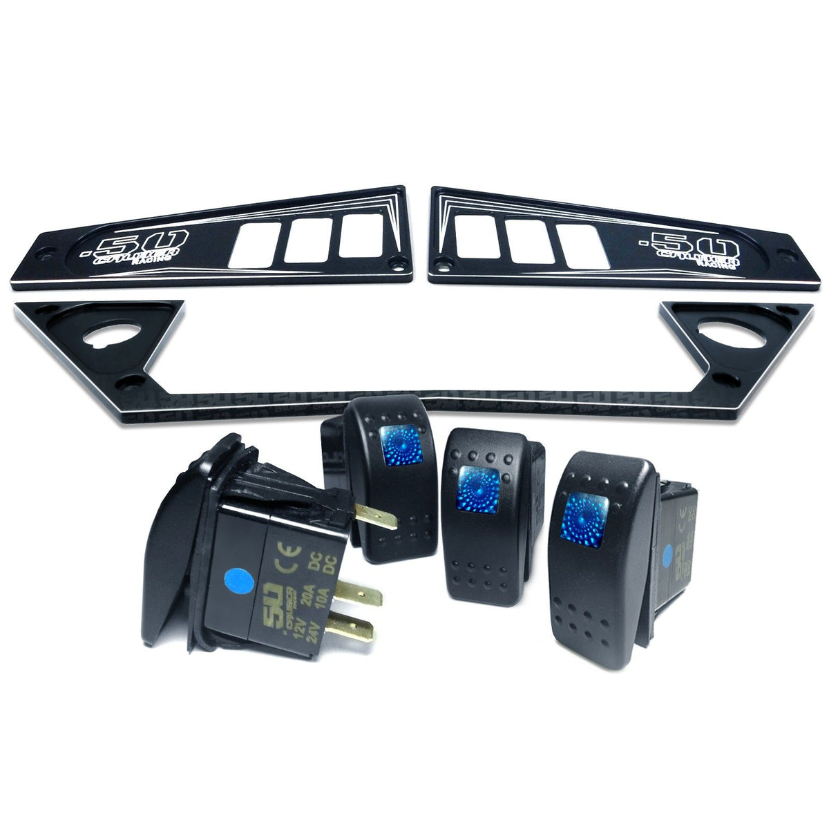 Black | Polaris Ride Command 6 Switch Dash Panel Black 3 Piece Combo with 4 Free Waterproof Carling Illuminated 12V Switches