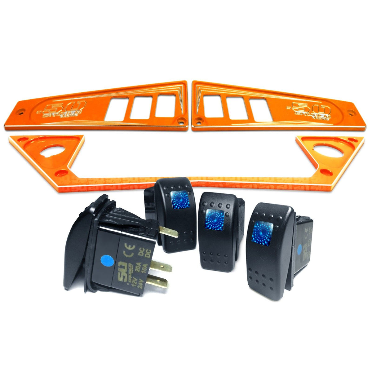 Orange | Polaris Ride Command 6 Switch Dash Panel Orange Madness 3 Piece Combo with 4 Free Waterproof Carling Illuminated 12V Switches