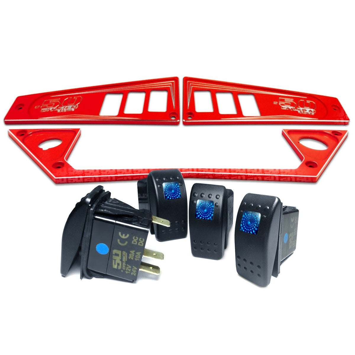 Red | Polaris Ride Command 6 Switch Dash Panel Red 3 Piece Combo with 4 Free Waterproof Carling Illuminated 12V Switches