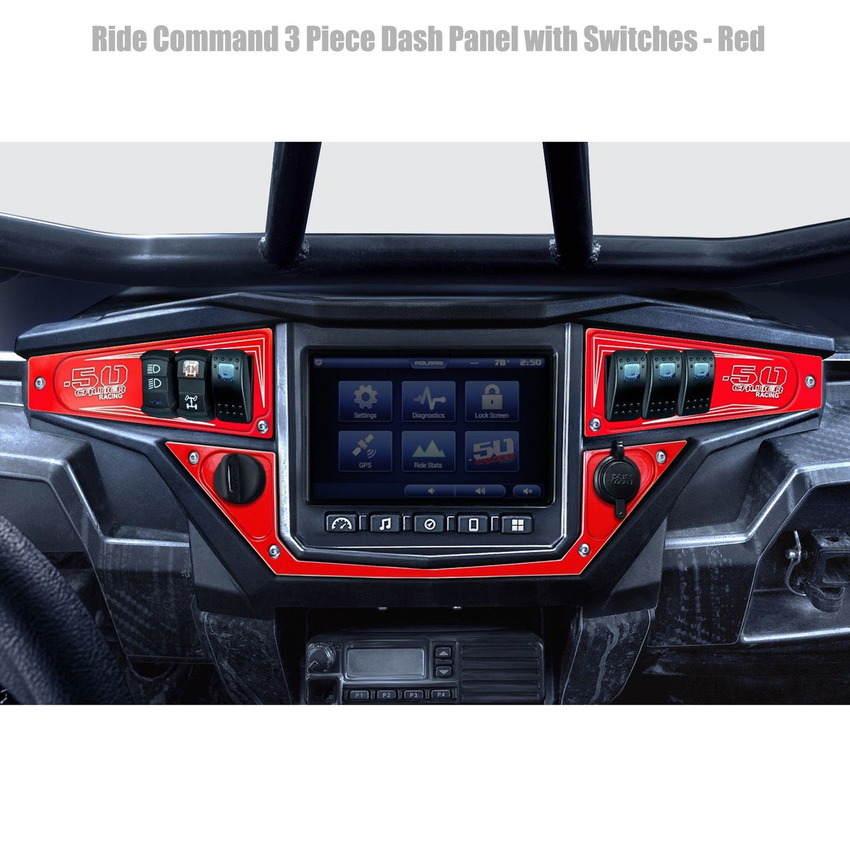 Red | Polaris Ride Command 6 Switch Dash Panel Red 3 Piece Combo with 4 Free Waterproof Carling Illuminated 12V Switches