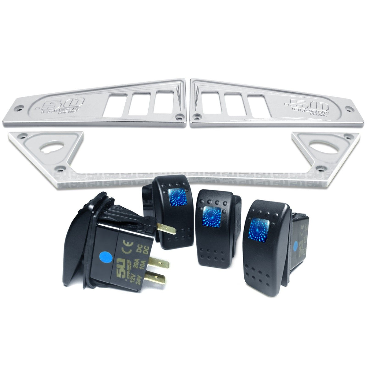 White | Polaris Ride Command 6 Switch Dash Panel White Lightning 3 Piece Combo with 4 Free Waterproof Carling Illuminated 12V Switches