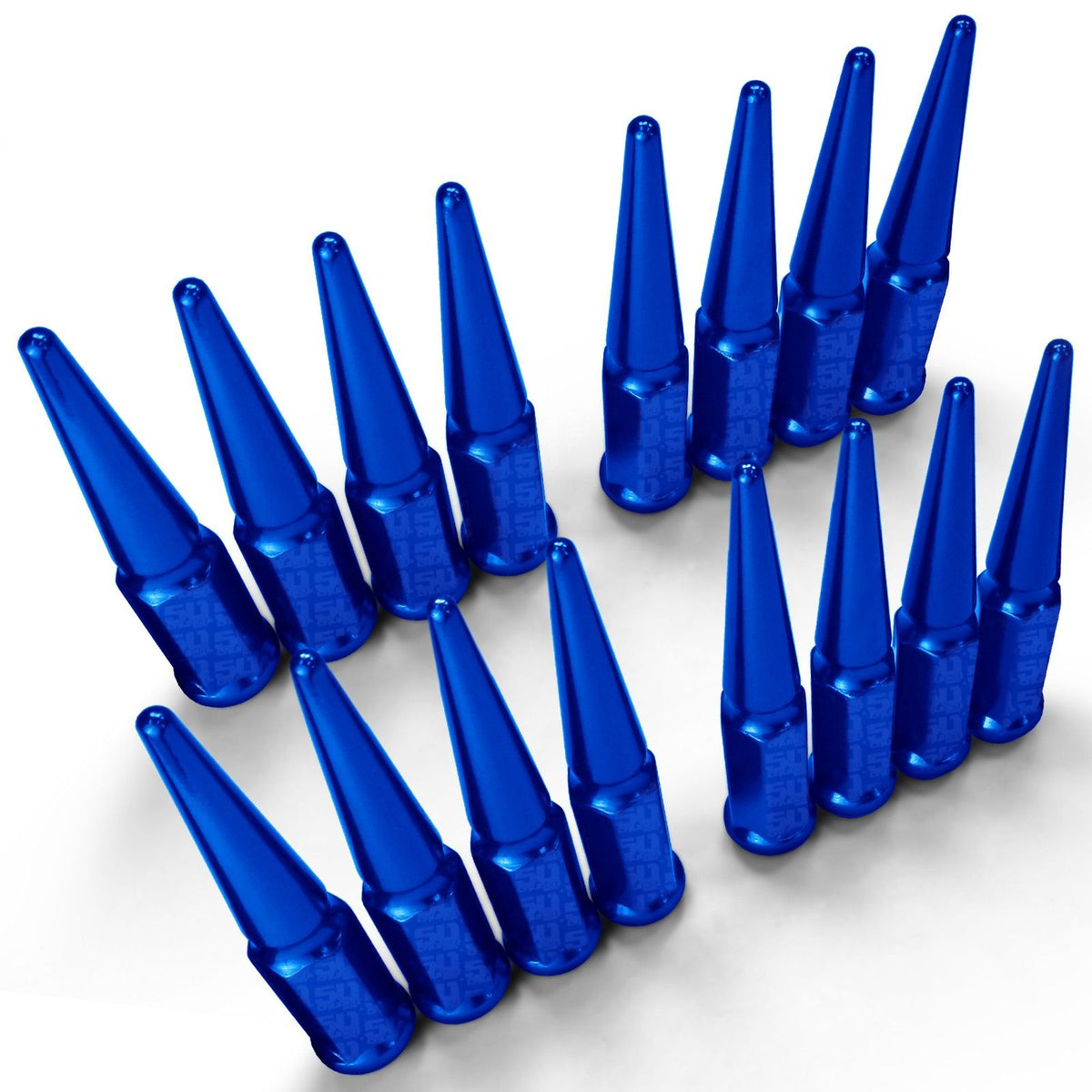 Blue | 12x1.5mm Extended Spike Lug Nuts - Acorn Taper - 50 Caliber Racing - 16 Pack for 4 Lug Vehicles - Blue Finish