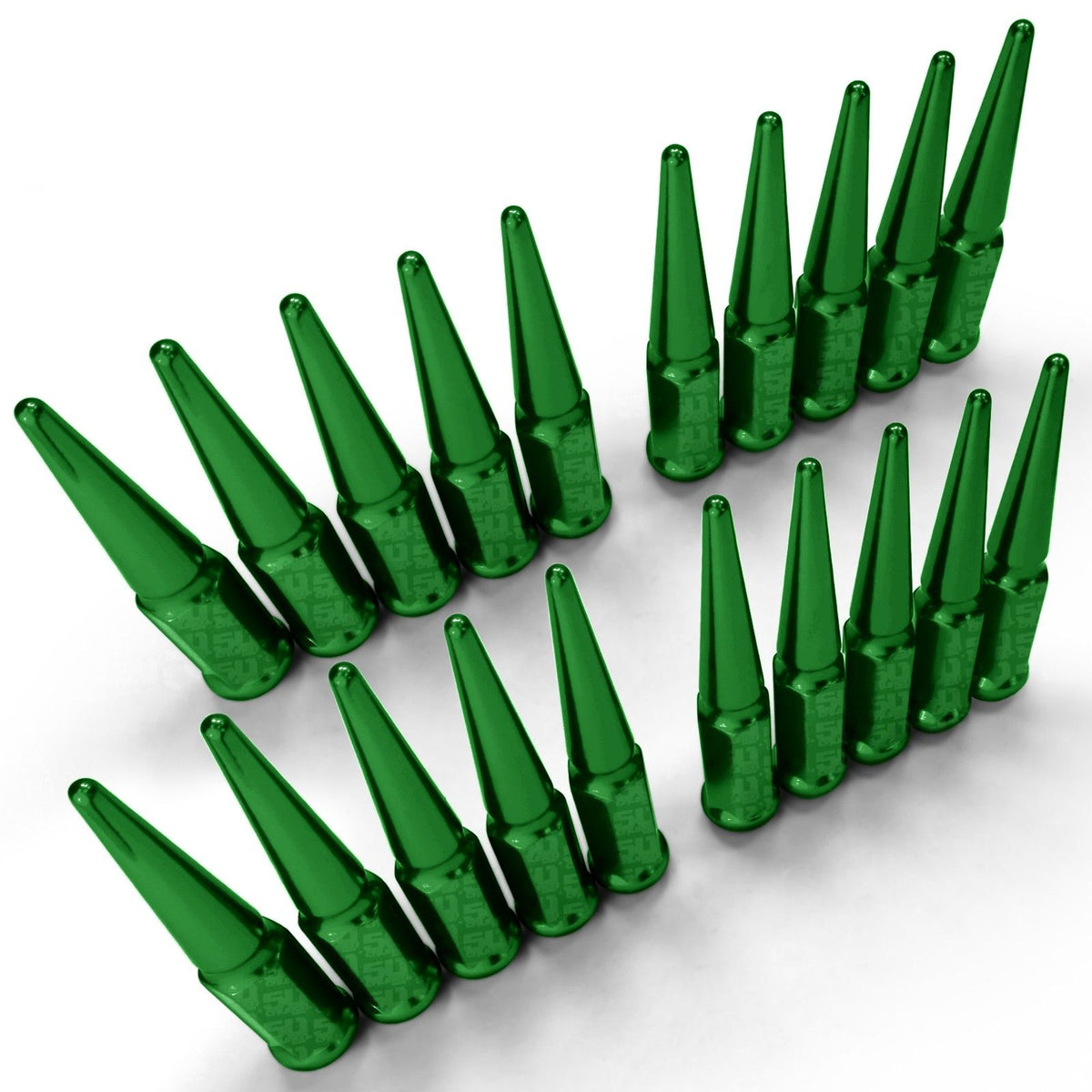 Green | 12x1.25mm Extended Spike Lug Nuts - Acorn Taper - 50 Caliber Racing - 20 Pack for 5 lug cars - Green