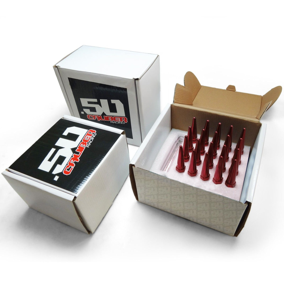 Red | 14x1.5mm Extended Spike Lug Nuts - Acorn Taper - 50 Caliber Racing - Pack of 20 fpr 5 Lug Vehicles - Red