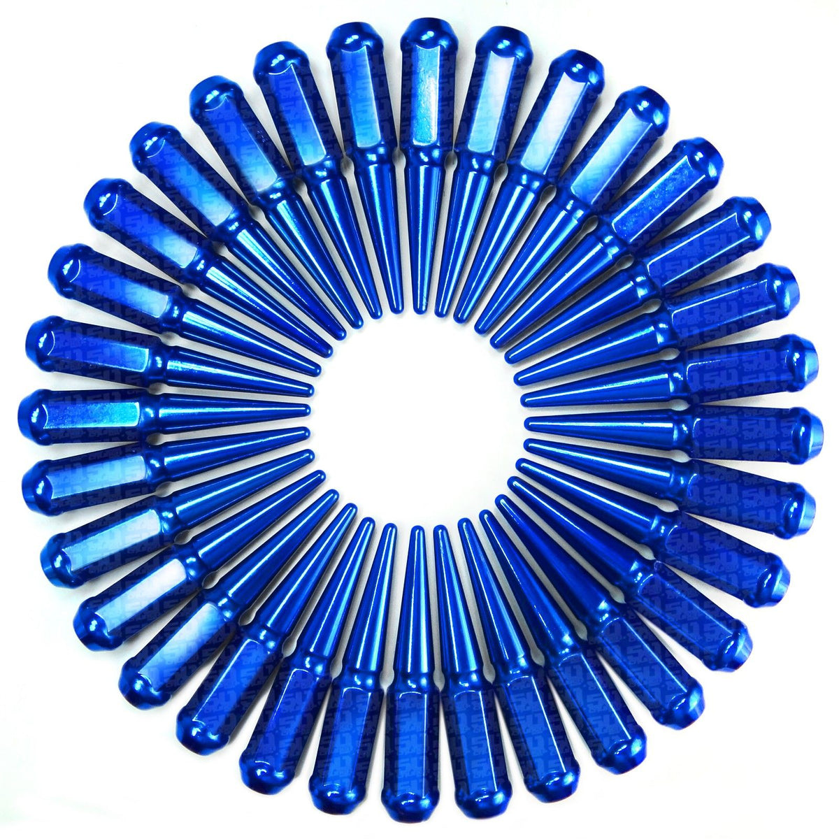 Blue | 14x2.0 Extended Spike Lug Nuts - Acorn Taper - 50 Caliber Racing - Set of 32 For F250 8 Lug Trucks - Blue