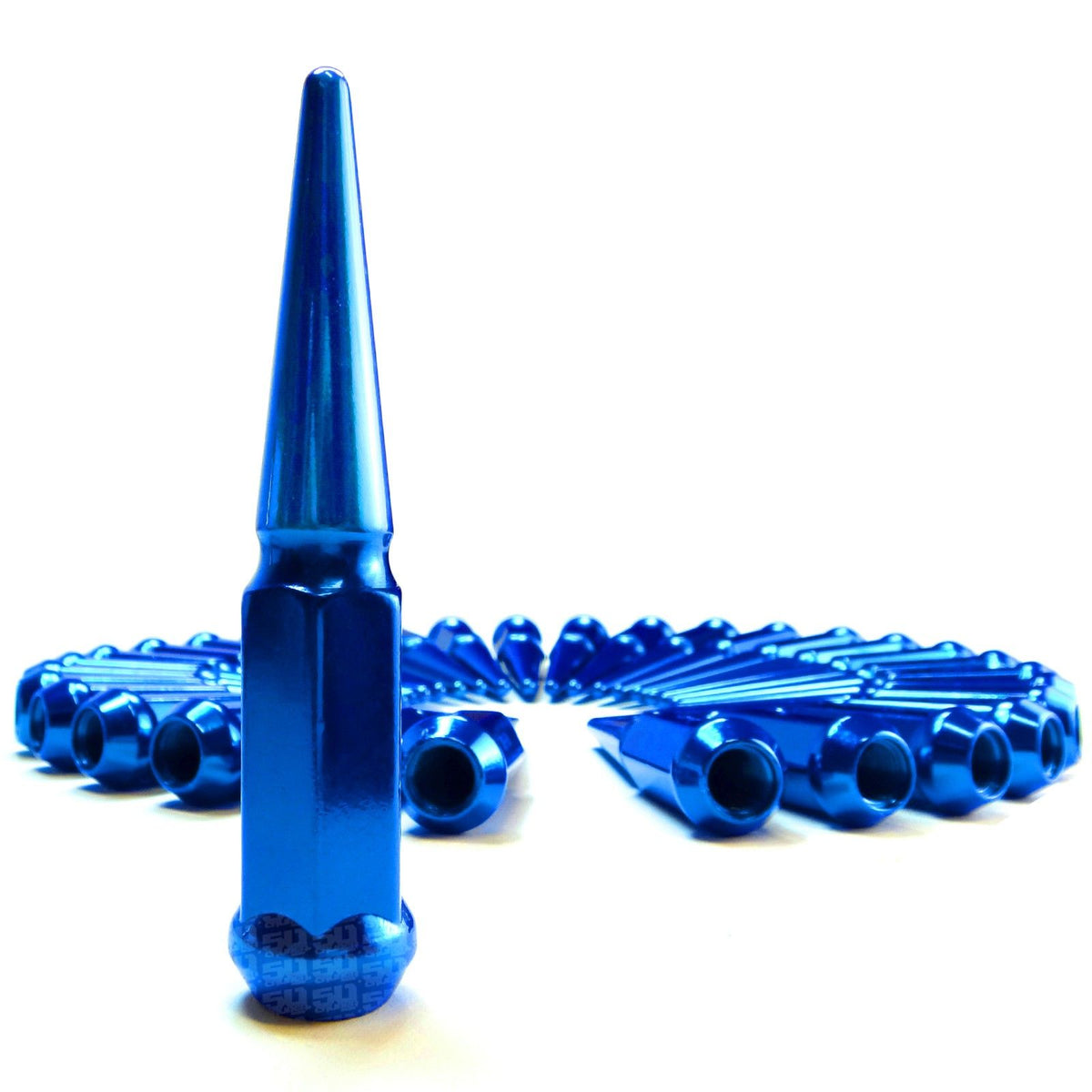 Blue | 9/16 Inch Extended Spike Lug Nuts - Acorn Taper - 50 Caliber Racing - 32 Pack for 8 Lug Vehicles - Blue