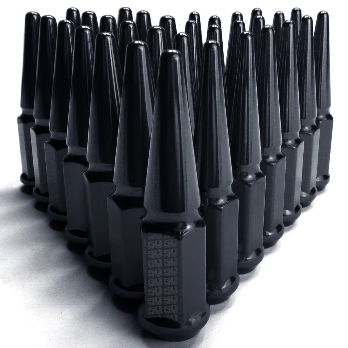 Black | 9/16 Inch Extended Spike Lug Nuts - Acorn Taper - 50 Caliber Racing - 32 Pack for 8 Lug Vehicles - Black