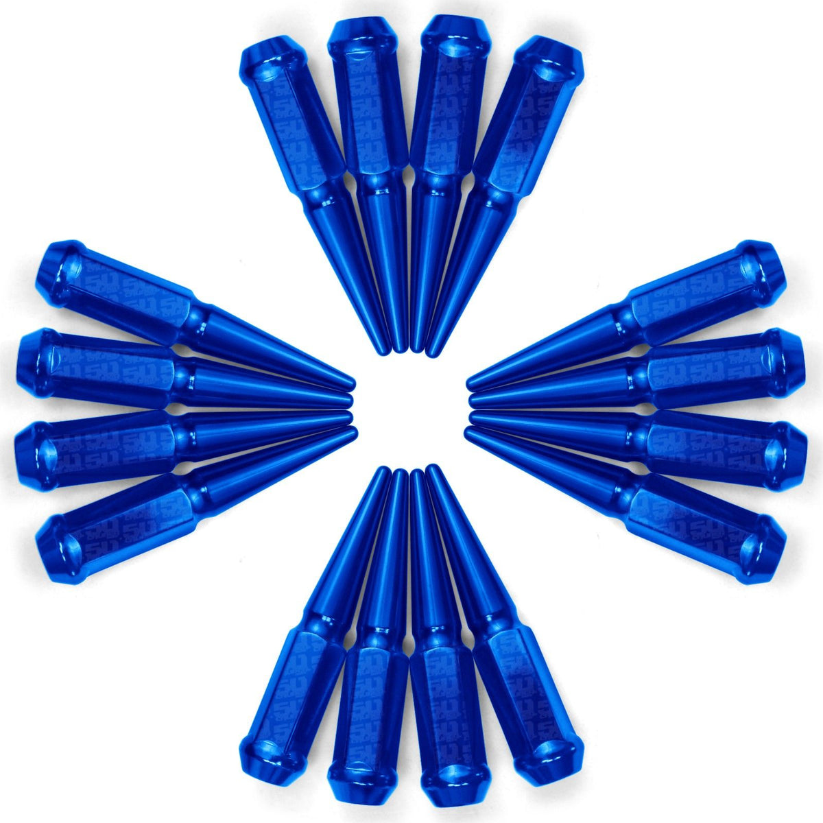 Blue | 1/2 Inch Extended Spike Lug Nuts - Acorn Taper - 50 Caliber Racing - Pack of 16 For 4 Lug Vehicles - Blue