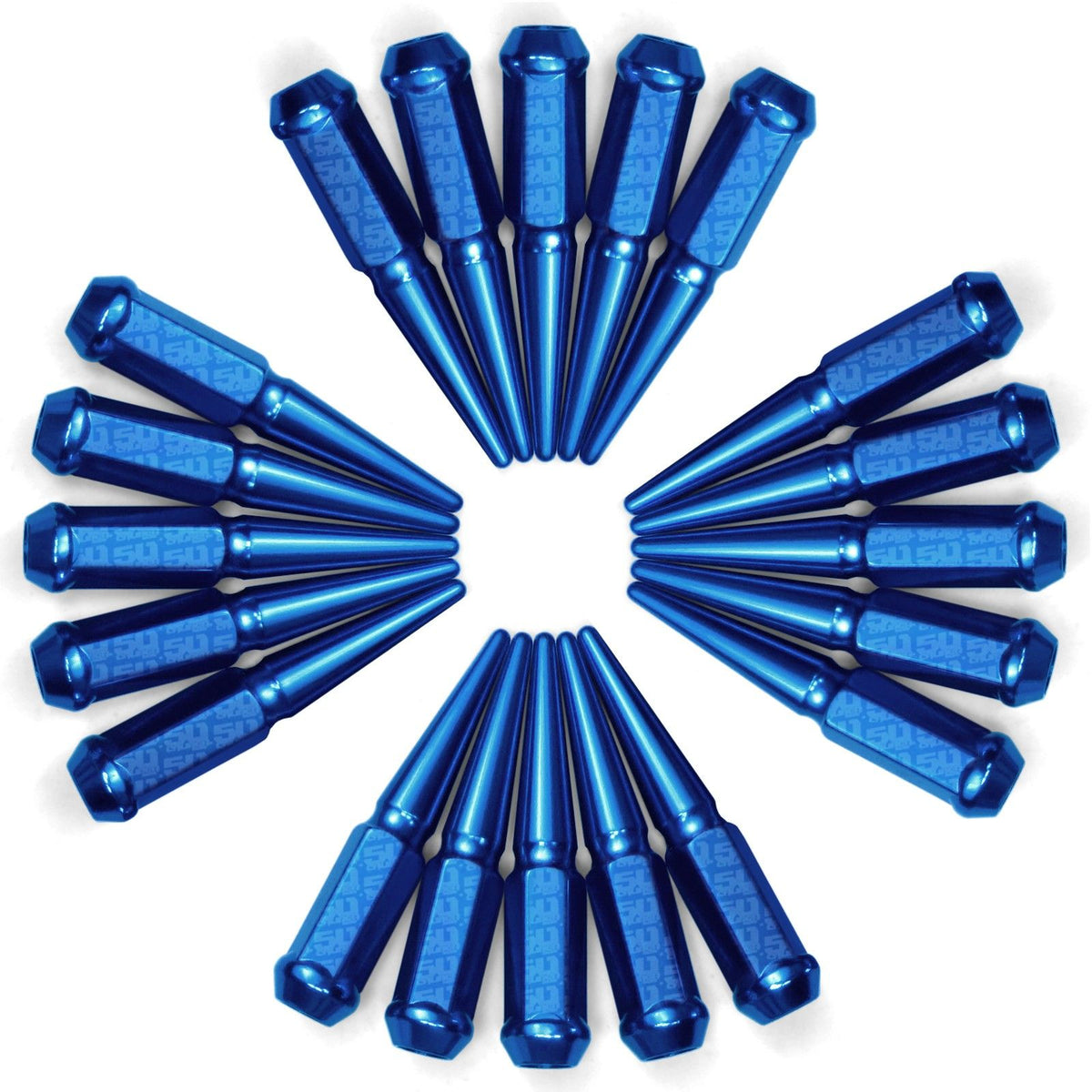 Blue | 1/2 Inch Extended Spike Lug Nuts - Acorn Taper - 50 Caliber Racing - Pack of 20 For 5 Lug Vehicles - Blue