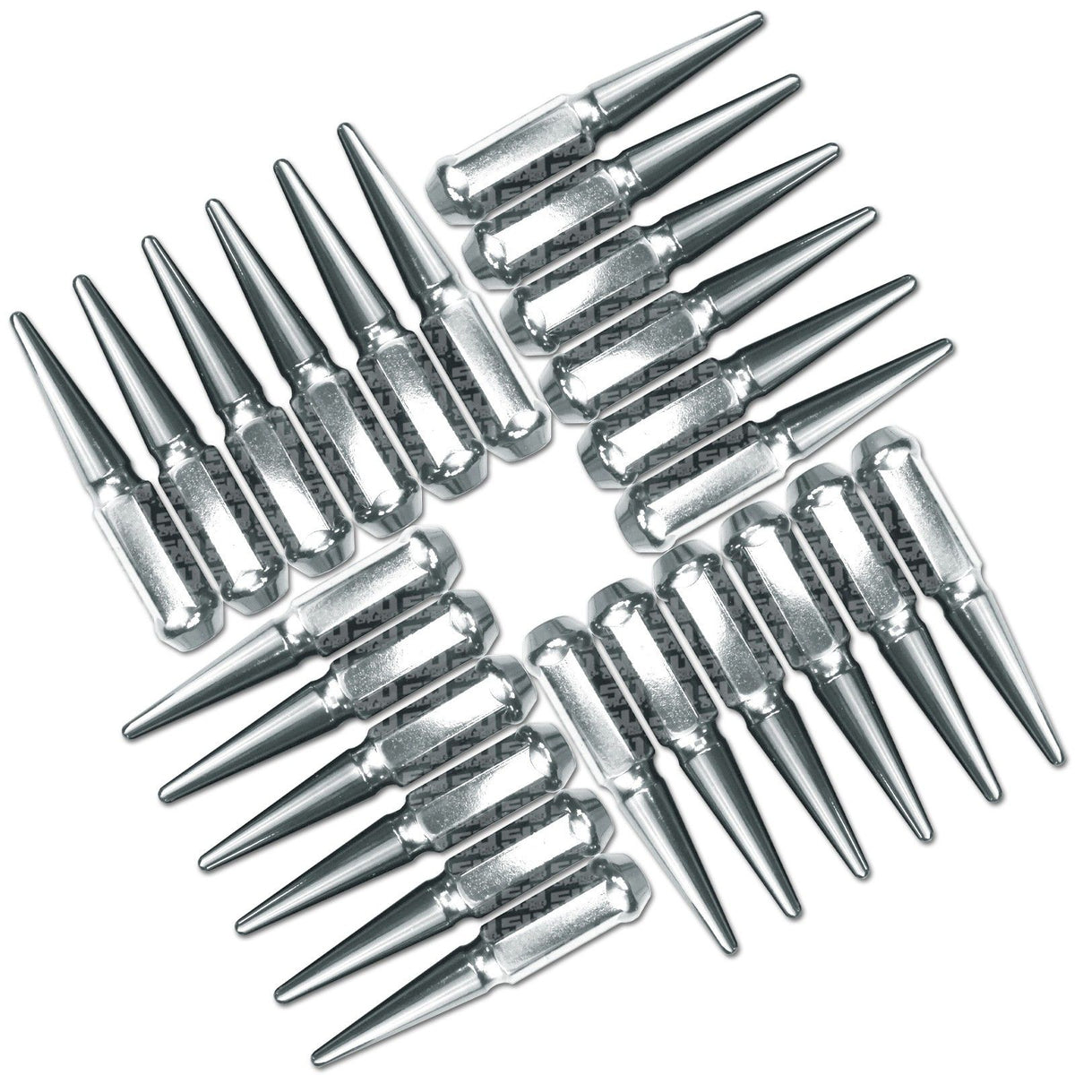 Chrome | 1/2 Inch Extended Spike Lug Nuts - Acorn Taper - 50 Caliber Racing - Pack of 24 For 6 Lug Vehicles - Chrome