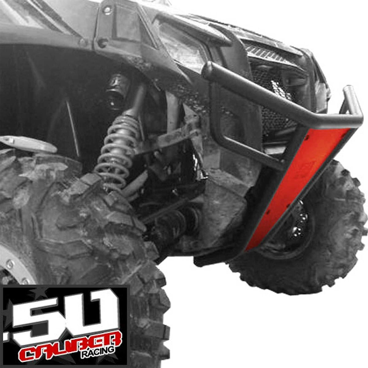 Polaris RZR 570 800 XP 900 Tubular Front Bumper with Skidplate | 50 Caliber Racing RZR Front Bumper - Black Powdercoat frame with Red Aluminum Skidplate and Light Bar Tabs