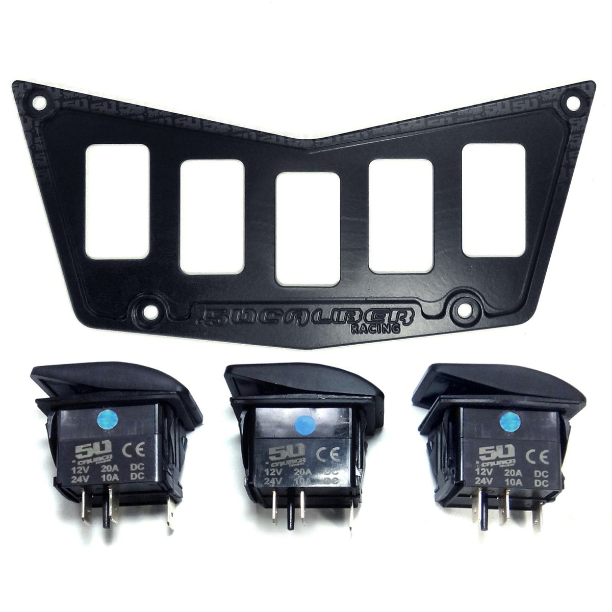 Black | 50 Caliber Racing Billet Aluminum 5 Switch Hole Dash Panel - Adds 3 Rocker Switch Mounting Locations - Black Powdercoat | Cover Image