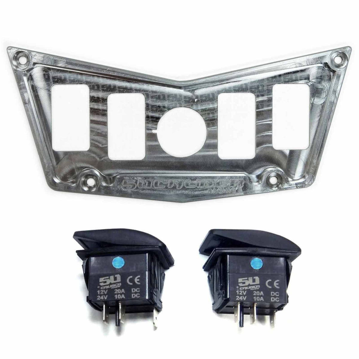 4 Hole Dash Switch Panel RZR 570 800 XP900 | CNC Billet Aluminum 4 Hole Dash Panel for RZR 570 800 & XP900 - Raw Silver Combo with 2 Switches