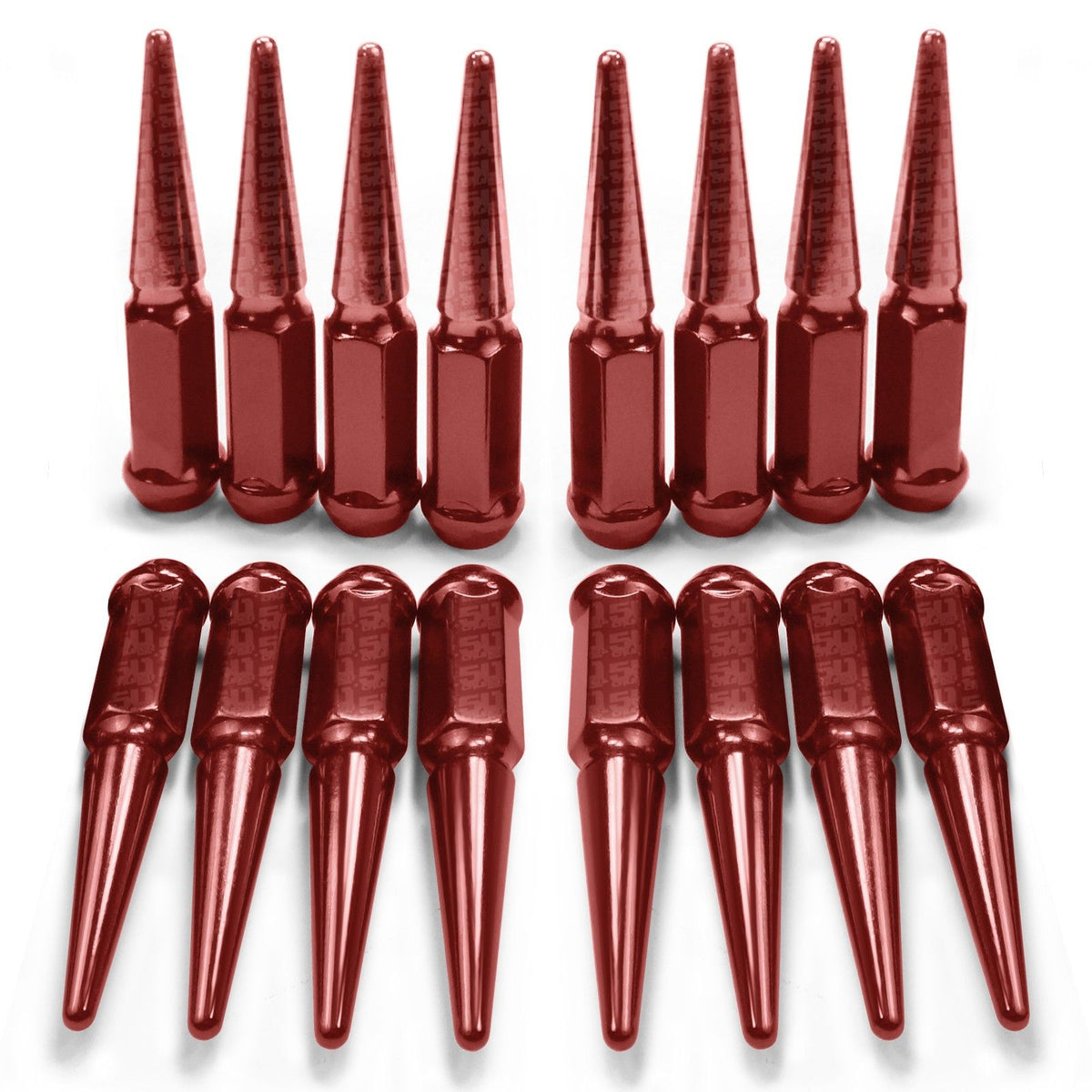 Red | 3/8-24 Extended Spike Lug Nuts - 60 Degree Taper Seat – Fits conical seat oem and aftermarket wheels – Red Finish