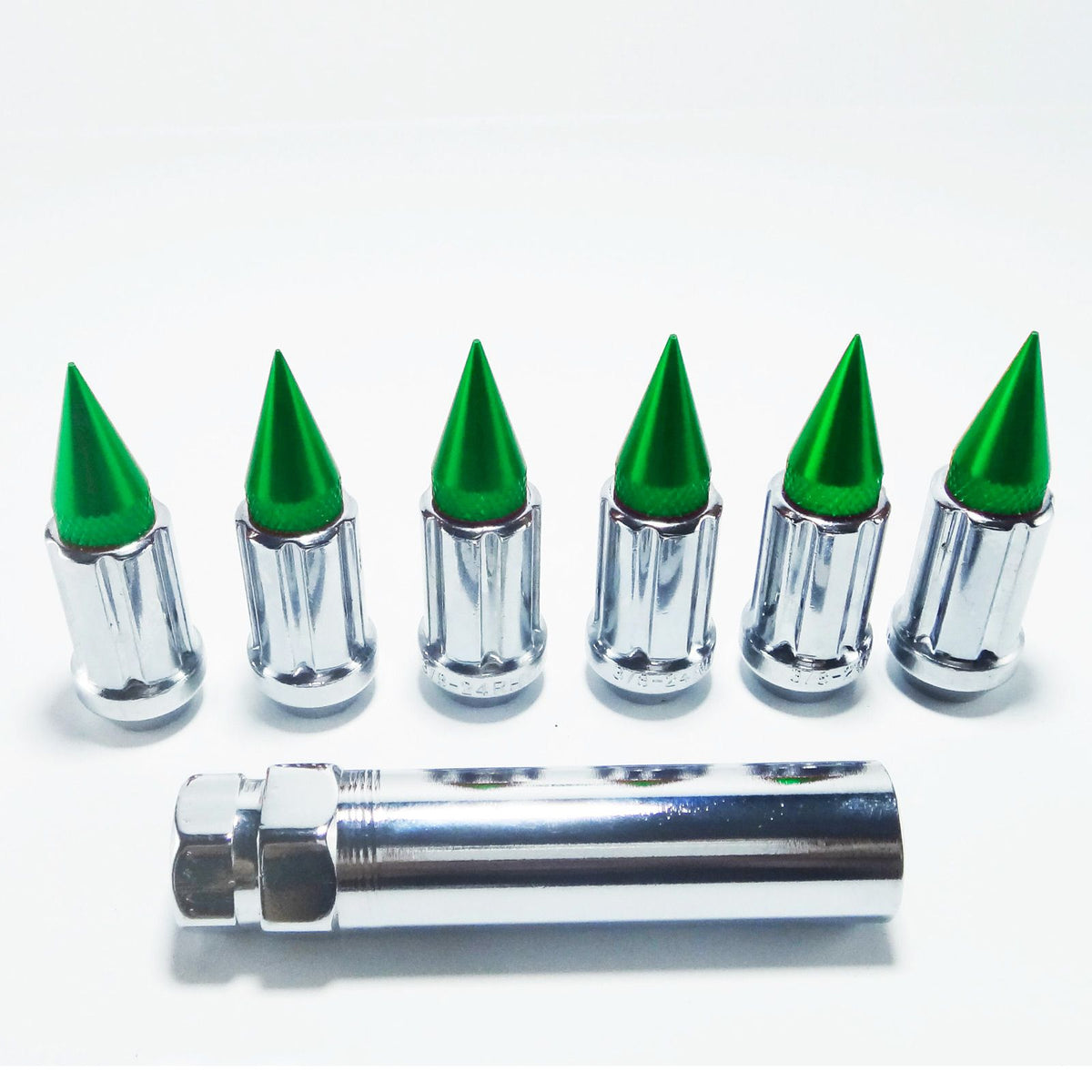 Green | Tapered Splined Lug Nuts Chrome with Removable Spike - 12 x 1.25mm Thread Pitch
