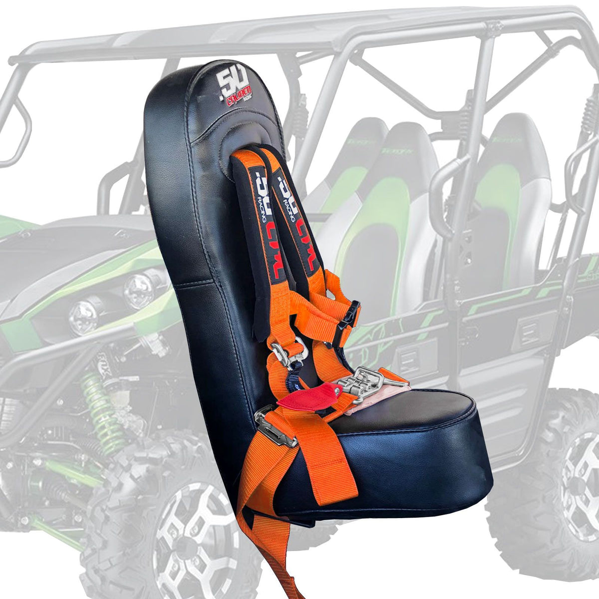 Blaze Orange | 50 Caliber Racing Rear Bump Seat with 2" Safety Harness for Kawasaki Teryx 4 Seater - Orange Harness