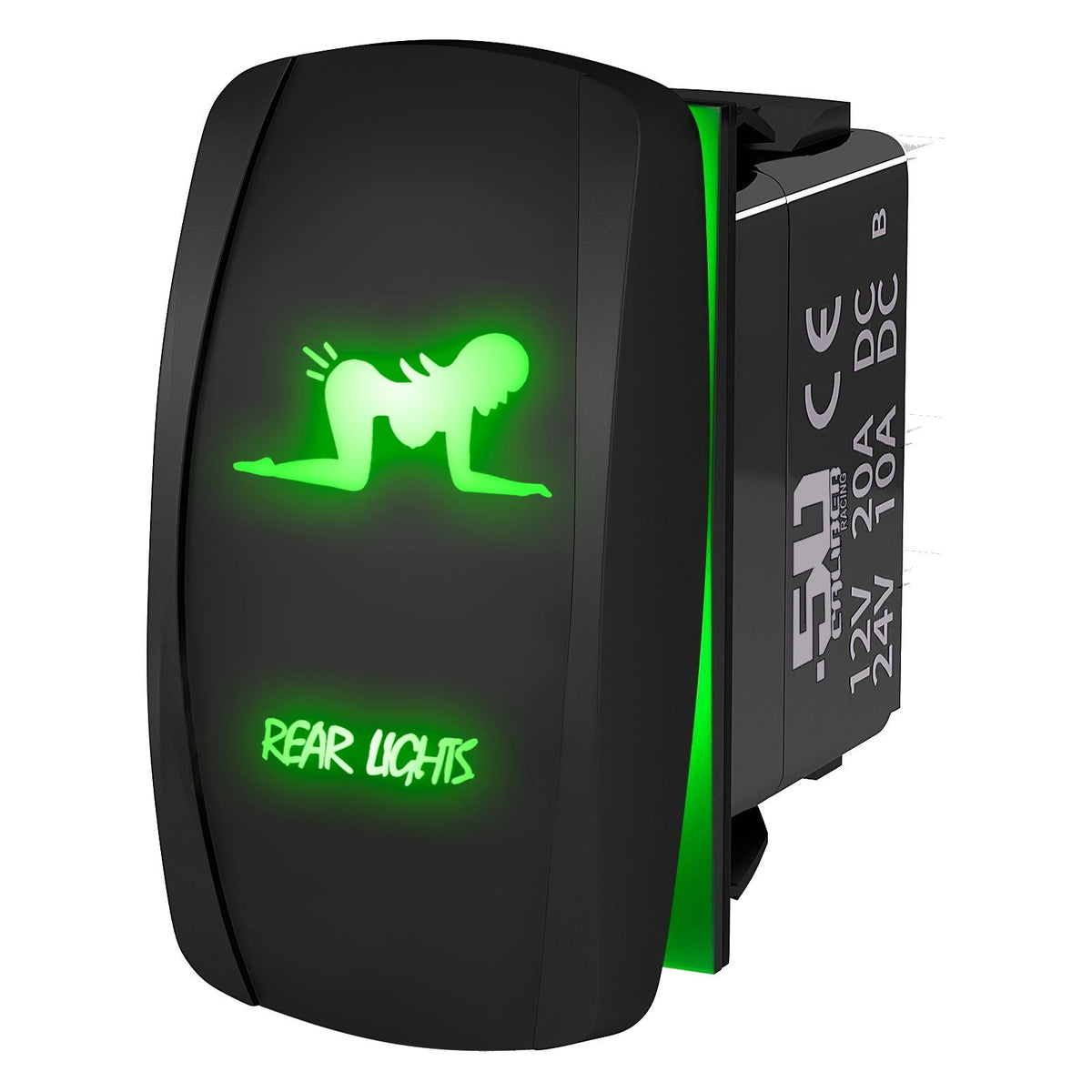 Green | Waterproof on/off rocker switch “Rear Lights” with green LED illumination – carling style 12v utv atv marine switch