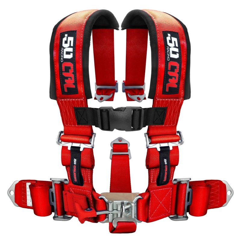 50 Caliber Racing 5 Point Safety Harness - 3" Wide Straps & Antisubmarine Crotch Strap - Red Color