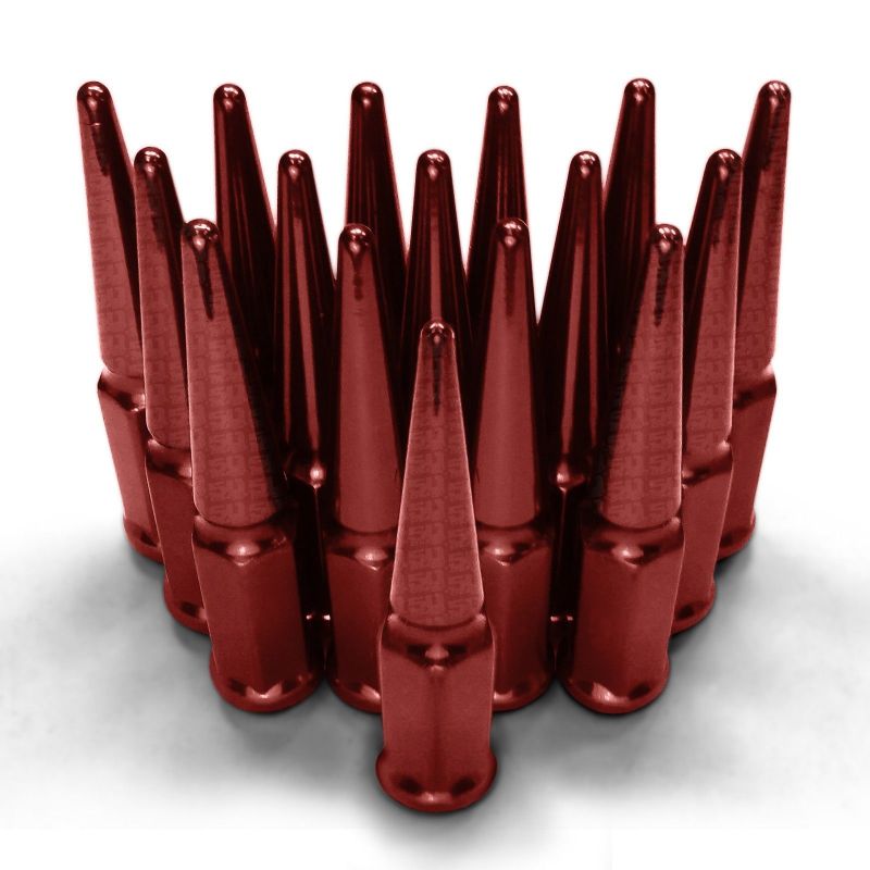 12x1.5mm Extended Spike Lug Nuts - Acorn Taper - 50 Caliber Racing - 16 Pack for 4 Lug Vehicles - Red Finish