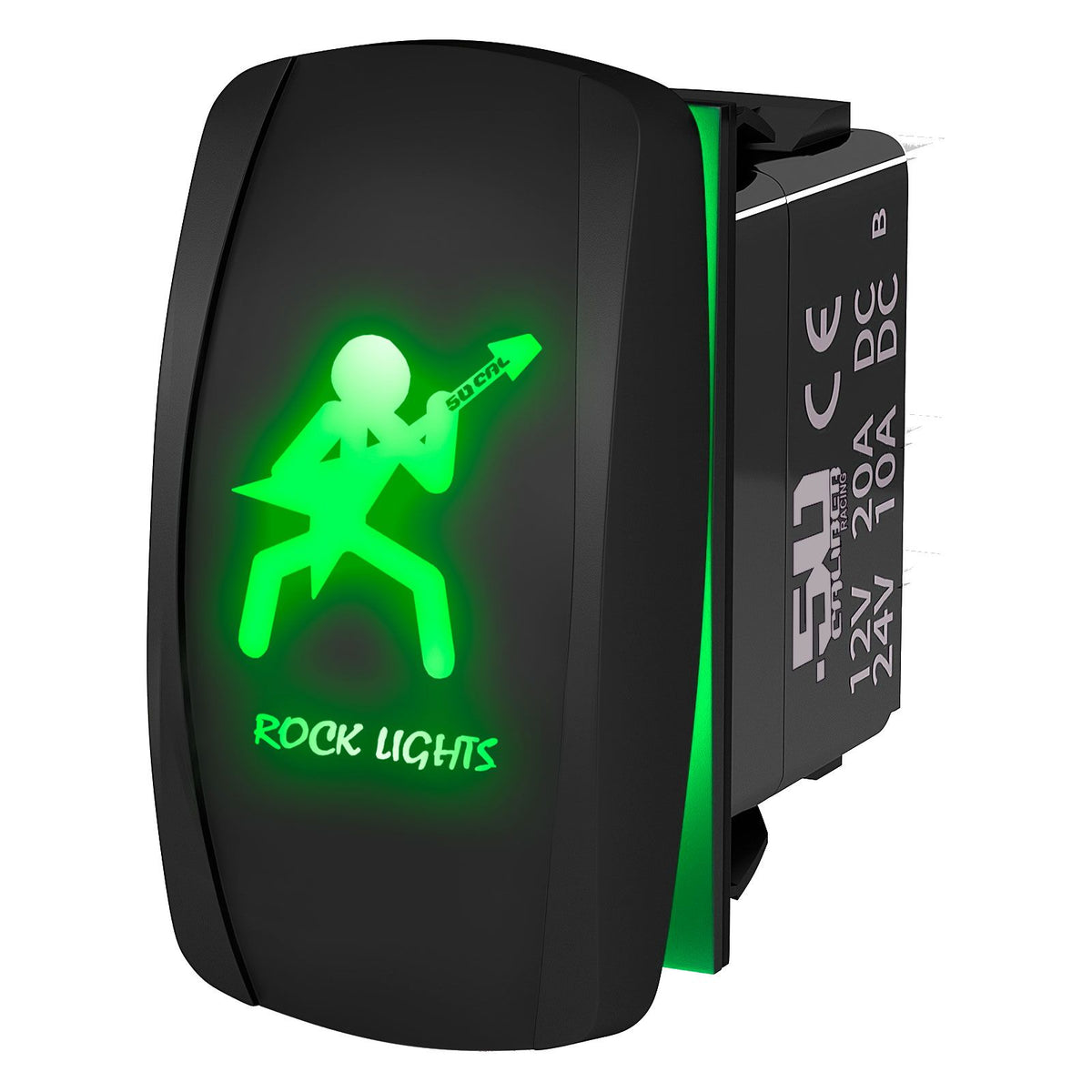 Rock Lights Guitar - 12V On/Off Rocker Switch Marine Grade | "Rock Lights" with Guitar Dude - On/Off Rocker Switch Laser Etched Waterproof with Green LED Illumination	