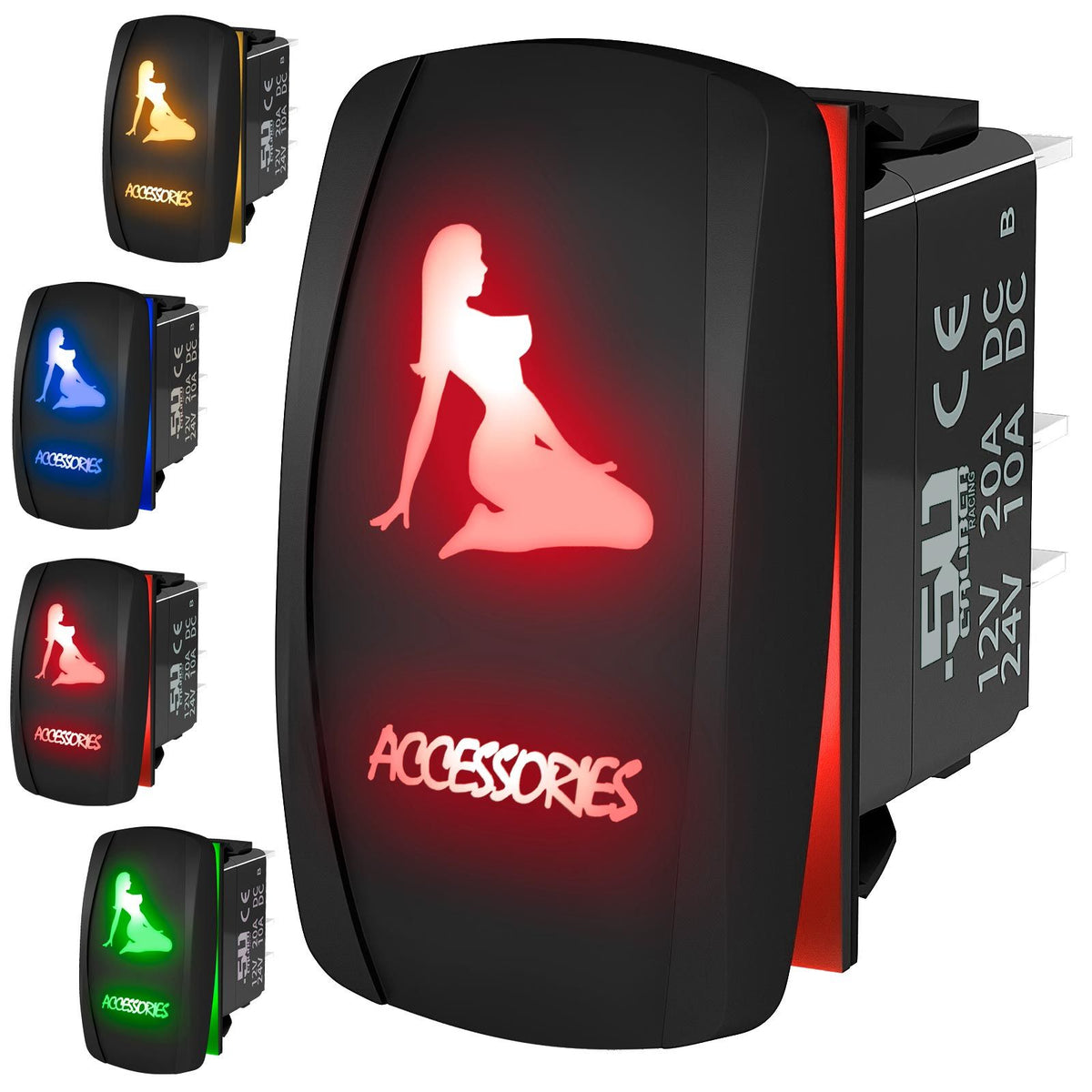 Accessories - 12V On/Off Rocker Switch - Sexy Design | “Accessories” sexy silhouette waterproof on/off rocker switch – marine grade carling style design available in multiple LED colo
