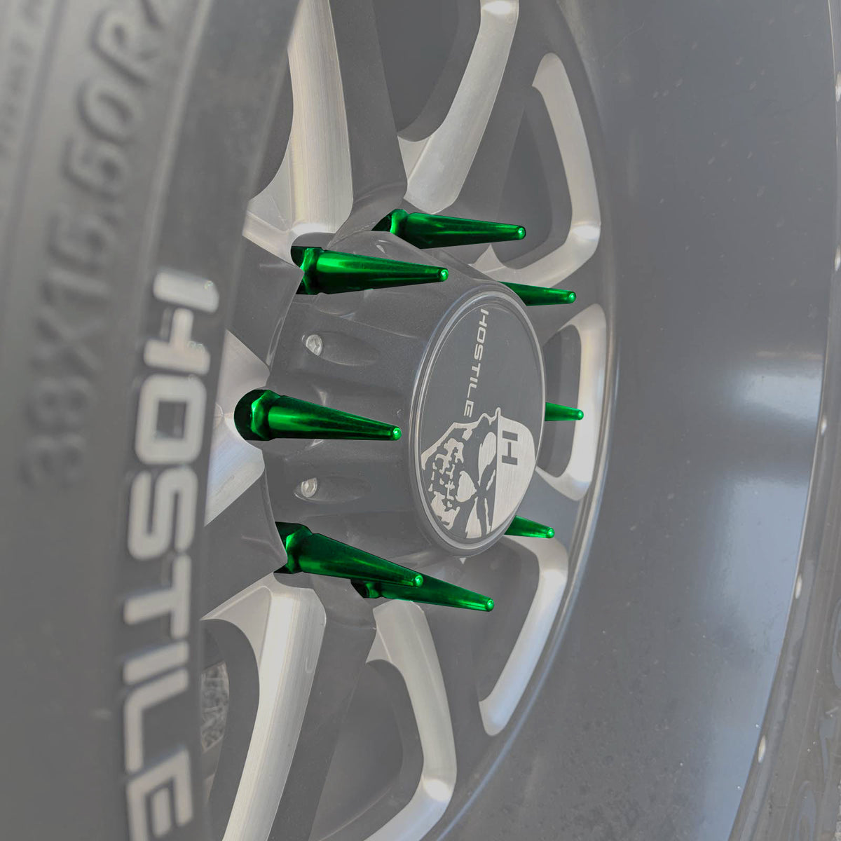 Green | 3/8-24 Extended Spike Lug Nuts -Installed – Green Finish