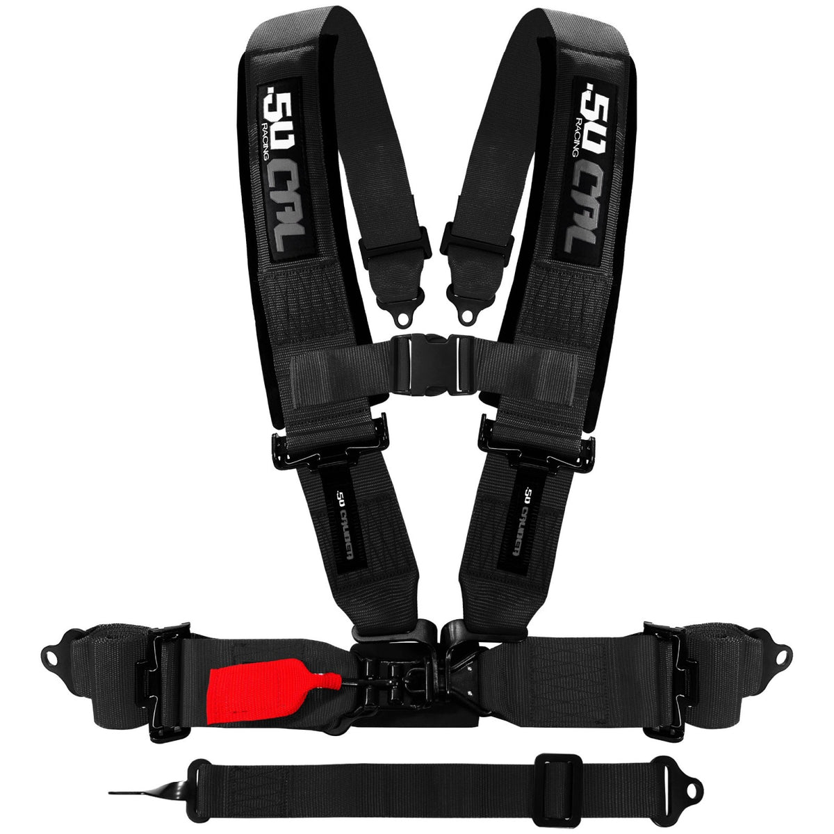 Stealth Black | 50 Caliber Racing SFI 16.1 5-point harness in red or black, 2" or 3" straps, padded or non-padded, SFI certified