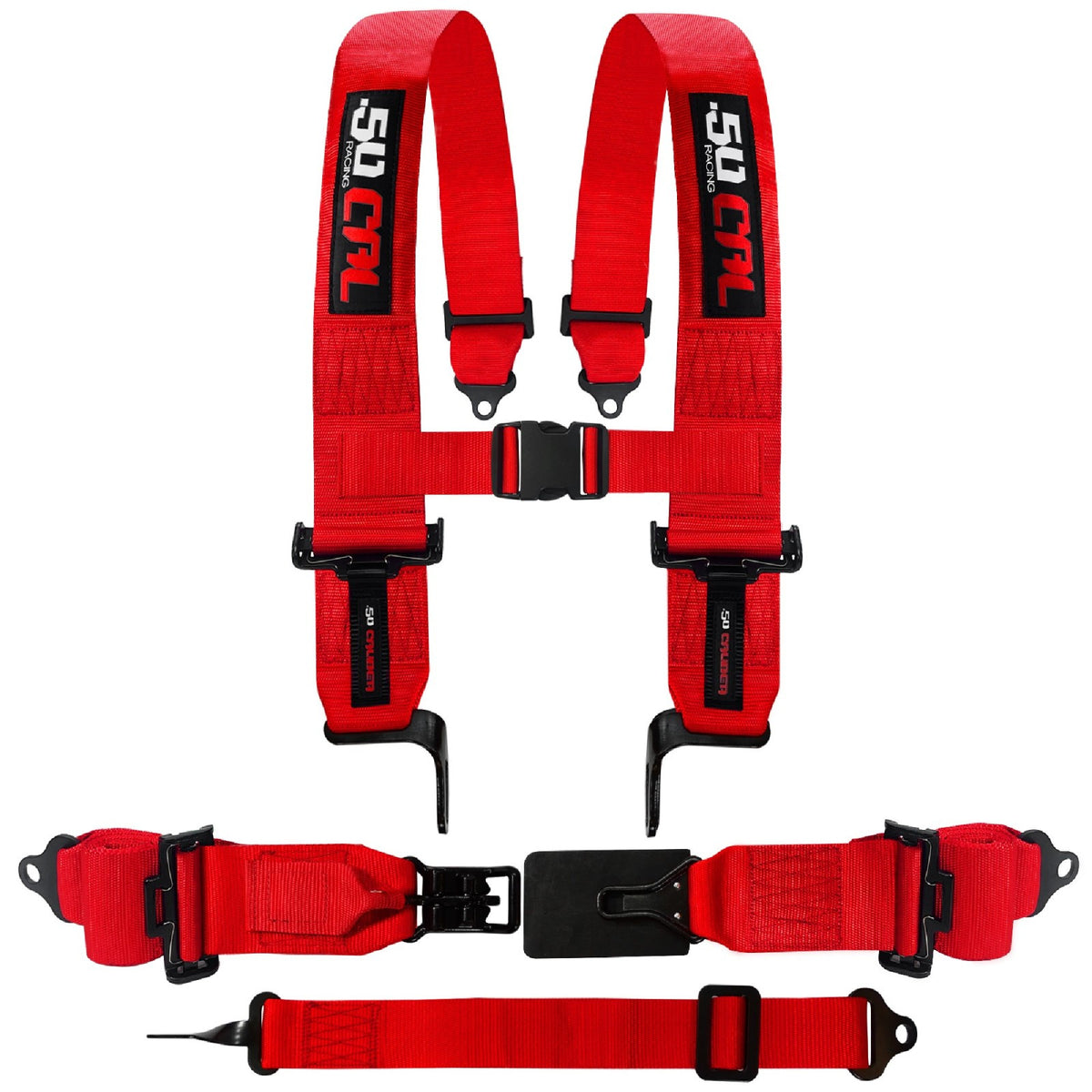 Rage Red | Red SFI 16.1 certified 5-point harness unlatched showing rugged latch and heavy-duty straps