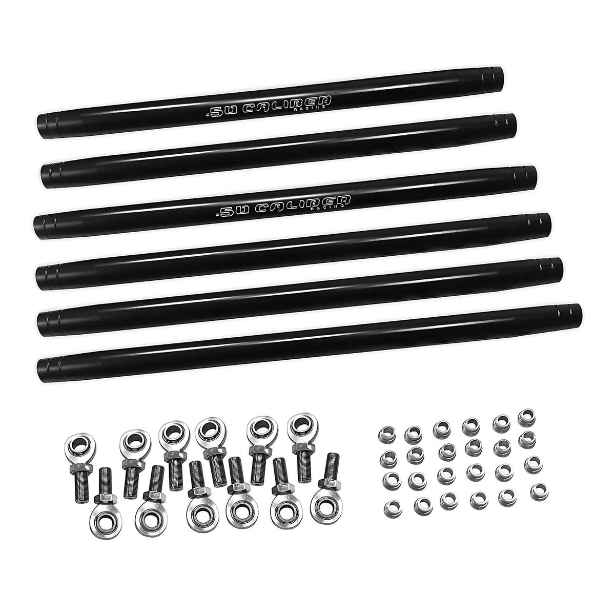 Black | x3 radius rods black powdercoated kit — 1.25" billet with 5/8" chromoly heim joints, jam nuts and spacers