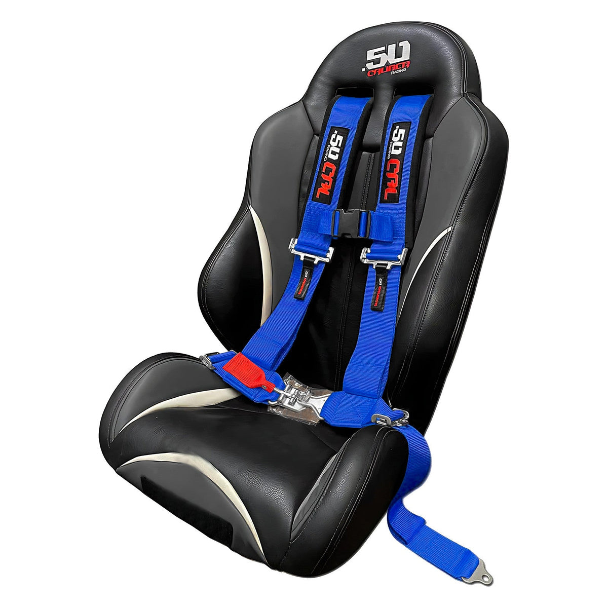 Nitro Blue | Blue 4-point UTV harness, 3" straps, shown installed on a custom UTV bucket seat with harness pass through