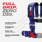 Nitro Blue | Full Grip, Zero Dig: thick shoulder pads, sternum strap, EZ pull-up adjusters, latch-style quick release, Blue webbing.
