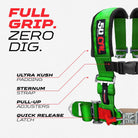 Venom Green | Full Grip, Zero Dig: thick shoulder pads, sternum strap, EZ pull-up adjusters, latch-style quick release, Green webbing.