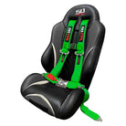 Venom Green | Green 4-point SxS harness, 3" straps, shown installed on a custom UTV bucket seat with harness pass through