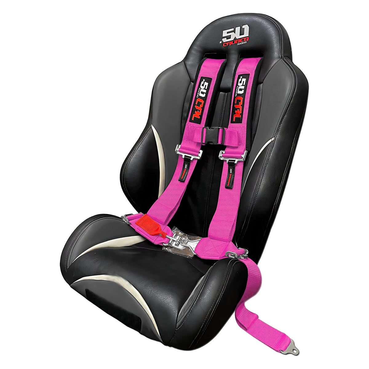 Rogue Pink | Pink 4-point UTV harness, 3" straps, shown installed on a custom UTV bucket seat with harness pass through