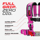 Rogue Pink | Full Grip, Zero Dig: thick shoulder pads, sternum strap, EZ pull-up adjusters, latch-style quick release, Pink webbing.