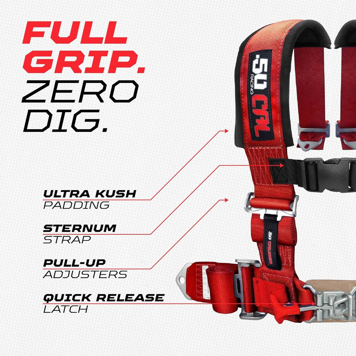 Rage Red | Full Grip, Zero Dig: thick shoulder pads, sternum strap, EZ pull-up adjusters, latch-style quick release, Red webbing.