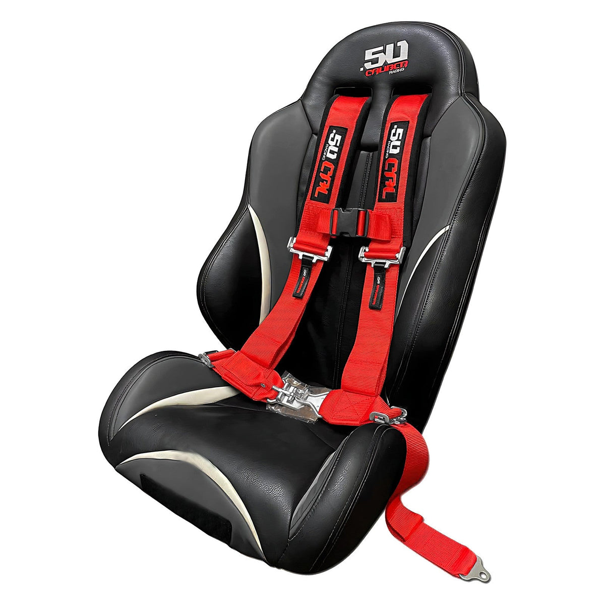 Rage Red | Red 4-point UTV harness, 3" straps, shown installed on a custom UTV bucket seat with harness pass through