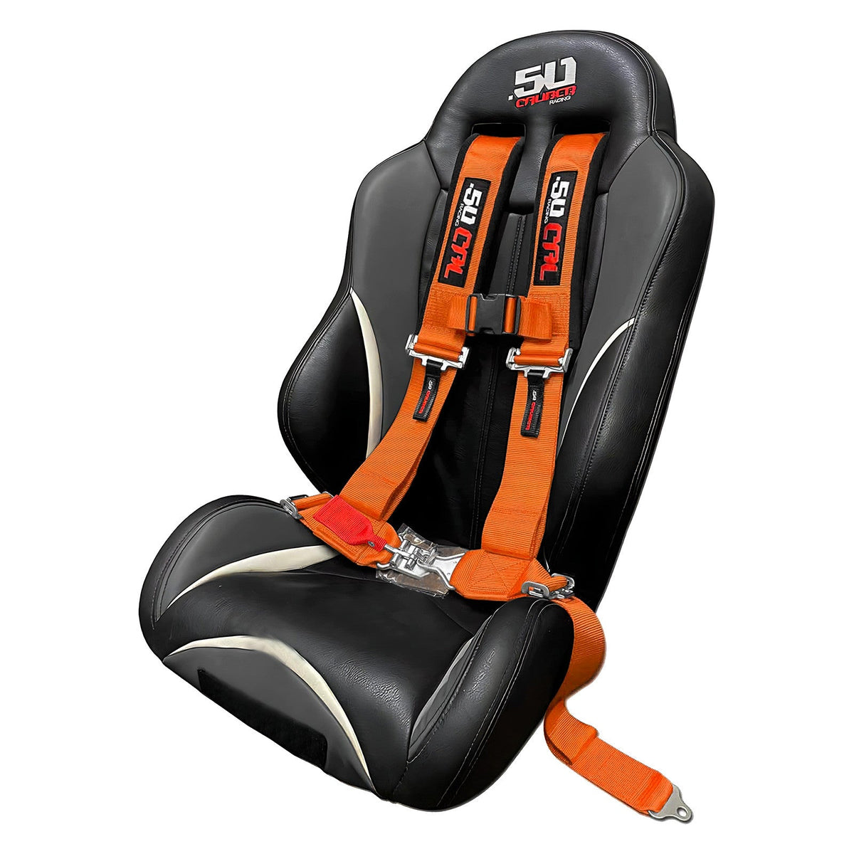 Blaze Orange | Orange 4-point UTV harness, 3" straps, shown installed on a custom UTV bucket seat with harness pass through